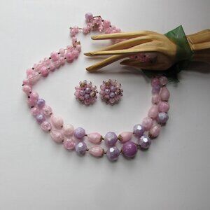 Vintage Double Strand Bead Necklace Earrings Pink Purple